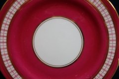 AYNSLEY #7228- RASPBERRY RED BODY, PLAID BAND, SCALLOPED, GILT -  AYNSLEY #7228 PLAID-  BREAD & BUTTER PLATE   .....   http://jaapiesfinechinastore.com