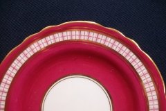 AYNSLEY #7228- RASPBERRY RED BODY, PLAID BAND, SCALLOPED, GILT -  AYNSLEY #7228 PLAID-  BREAD & BUTTER PLATE   .....   http://jaapiesfinechinastore.com