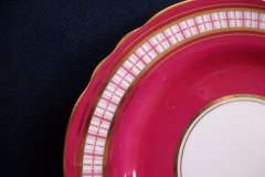 AYNSLEY #7228- RASPBERRY RED BODY, PLAID BAND, SCALLOPED, GILT -  AYNSLEY #7228 PLAID-  BREAD & BUTTER PLATE   .....   http://jaapiesfinechinastore.com