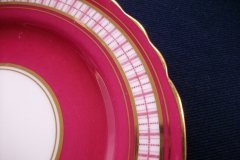 AYNSLEY #7228- RASPBERRY RED BODY, PLAID BAND, SCALLOPED, GILT -  AYNSLEY #7228 PLAID-  BREAD & BUTTER PLATE   .....   http://jaapiesfinechinastore.com