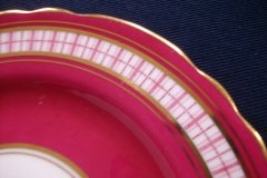 AYNSLEY #7228- RASPBERRY RED BODY, PLAID BAND, SCALLOPED, GILT -  AYNSLEY #7228 PLAID-  BREAD & BUTTER PLATE   .....   http://jaapiesfinechinastore.com