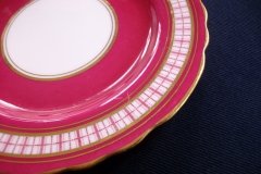 AYNSLEY #7228- RASPBERRY RED BODY, PLAID BAND, SCALLOPED, GILT -  AYNSLEY #7228 PLAID-  BREAD & BUTTER PLATE   .....   http://jaapiesfinechinastore.com
