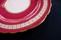 AYNSLEY #7228- RASPBERRY RED BODY, PLAID BAND, SCALLOPED, GILT -  AYNSLEY #7228 PLAID-  BREAD & BUTTER PLATE   .....   http://jaapiesfinechinastore.com