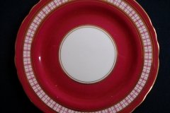 AYNSLEY #7228- RASPBERRY RED BODY, PLAID BAND, SCALLOPED, GILT -  AYNSLEY #7228 PLAID-  BREAD & BUTTER PLATE   .....   http://jaapiesfinechinastore.com