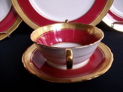 AYNSLEY BUCKINGHAM MAROON SOUP CUP & SAUCER