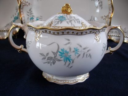 ROYAL CROWN DERBY- ROYAL A1186 AQUA FLORAL (c.1958+) COVERED SUGAR BOWL- EXCELLENT!