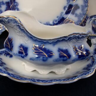 JOHNSON BROTHERS NORMANDY- FLOW BLUE (c.1913+) GRAVY BOAT & UNDERPLATE (CHIP REPAIR)- EXCELLENT !! NO CRAZING !!