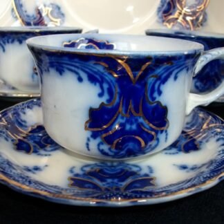 WOOD & SON CLARENCE- FLOW BLUE (c.1891-1907)  CUP & SAUCER- EXCELLENT! RARE! NO CRAZING!