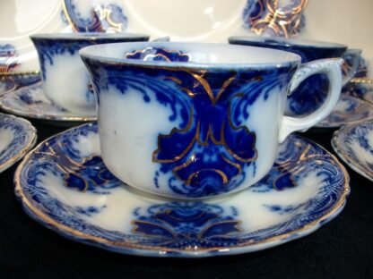 WOOD & SON CLARENCE- FLOW BLUE (c.1891-1907)  CUP & SAUCER- EXCELLENT! RARE! NO CRAZING!