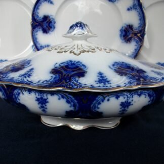 WOOD & SON CLARENCE- FLOW BLUE (c.1891-1907) OVAL COVERED SERVING BOWL- EXCELLENT! RARE! NO CRAZING!