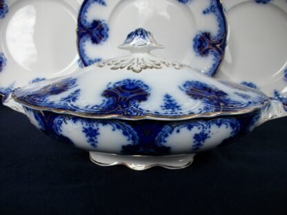 WOOD & SON CLARENCE- FLOW BLUE (c.1891-1907) OVAL COVERED SERVING BOWL- EXCELLENT! RARE! NO CRAZING!