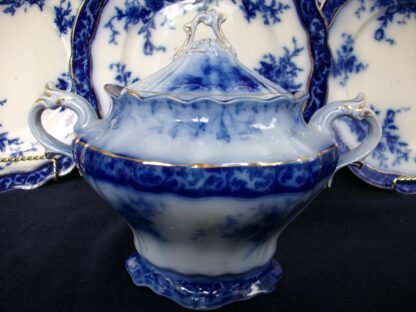 HENRY ALCOCK TOURAINE- FLOW BLUE (c.1898-1910) SUGAR BOWL & LID #1- EXCELLENT! RARE! NO CRAZING!