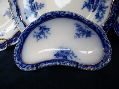 HENRY ALCOCK TOURAINE- FLOW BLUE (c.1898-1910) CRESCENT BONE DISH #1- EXCELLENT! RIBBED RIM! CRAZING