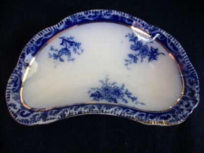 HENRY ALCOCK TOURAINE- FLOW BLUE (c.1898-1910) CRESCENT BONE DISH #2- EXCELLENT! RIBBED RIM! CRAZING
