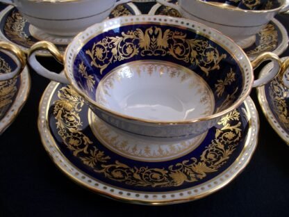 AYNSLEY SEVILLE BLUE #6874 (c.1939+)  SOUP BOWL & SAUCER (s)- ENCRUSTED GILT! RARE!