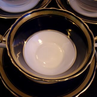 AYNSLEY #7282 COBALT LAUREL- ENCRUSTED GOLD (c.1931+)  SOUP BOWL & SAUCER (s)- MINT!!  RARE!!