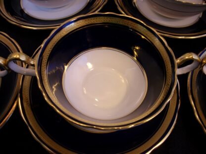 AYNSLEY #7282 COBALT LAUREL- ENCRUSTED GOLD (c.1931+) SOUP BOWL & SAUCER (s)- MINT!! RARE!!