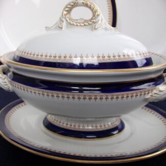ROYAL WORCESTER COBALT #5786  TAN FILIGREE- VITREOUS (c.1910/12)  SAUCE TUREEN WITH LID & SAUCER #1-  EXCELLENT! RARE!