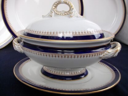 ROYAL WORCESTER COBALT #5786  TAN FILIGREE- VITREOUS (c.1910/12)  SAUCE TUREEN WITH LID & SAUCER #1-  EXCELLENT! RARE!