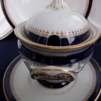 ROYAL WORCESTER COBALT #5786  TAN FILIGREE- VITREOUS (c.1910/12)  SAUCE TUREEN WITH LID & SAUCER #2-  EXCELLENT! RARE!