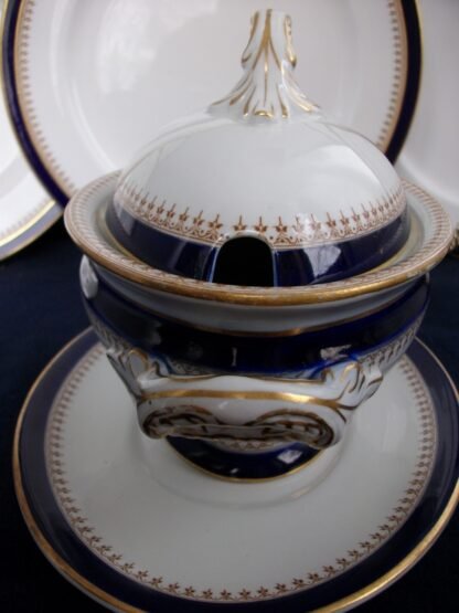 ROYAL WORCESTER COBALT #5786  TAN FILIGREE- VITREOUS (c.1910/12)  SAUCE TUREEN WITH LID & SAUCER #2-  EXCELLENT! RARE!