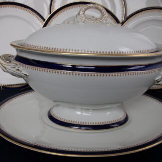 ROYAL WORCESTER COBALT #5786  TAN FILIGREE- VITREOUS (c.1908/09)  SOUP TUREEN WITH LID & SAUCER-  EXCELLENT! RARE!