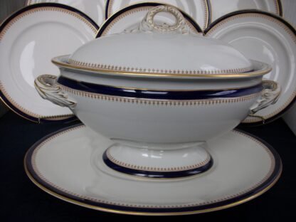 ROYAL WORCESTER COBALT #5786  TAN FILIGREE- VITREOUS (c.1908/09)  SOUP TUREEN WITH LID & SAUCER-  EXCELLENT! RARE!