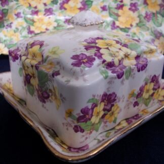 JAMES KENT VIOLETS 4002 CHINTZ (c.1955+)  COVERED BUTTER DISH- RARE!! EXCELLENT!!