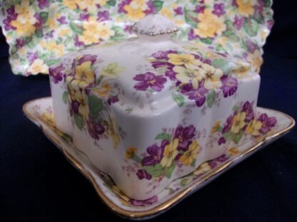 JAMES KENT VIOLETS 4002 CHINTZ (c.1955+) COVERED BUTTER DISH- RARE!! EXCELLENT!!