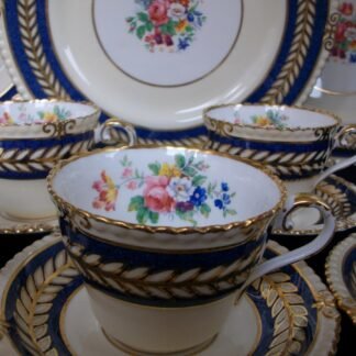AYNSLEY #7848- GOLD/CREAM LAUREL ON BLUE BAND, FLORAL CENTER (c.1930's) CUP & SAUCER (s)- EXCELLENT!! RARE!!     