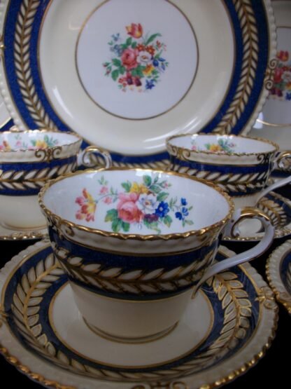 AYNSLEY #7848- GOLD/CREAM LAUREL ON BLUE BAND, FLORAL CENTER (c.1930's) CUP & SAUCER (s)- EXCELLENT!! RARE!!     