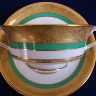 ROYAL WORCESTER C3353 GREEN- GOLD ENCRUSTED (c.1931) SOUP BOWL & SAUCER (s)- EXCELLENT!! RARE!!   