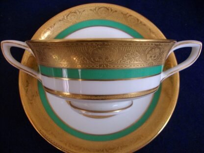 ROYAL WORCESTER C3353 GREEN- GOLD ENCRUSTED (c.1931) SOUP BOWL & SAUCER (s)- EXCELLENT!! RARE!!   