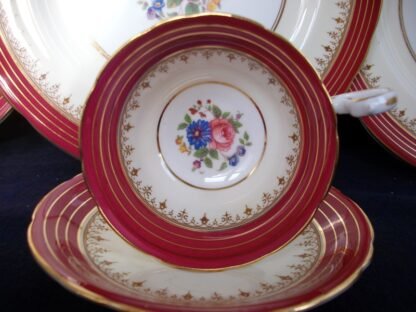 AYNSLEY DORCHESTER MAROON  7499  FLORAL CENTER, TAN FILIGREE  (c.1930+) CUP & SAUCER - EXCELLENT!! RARE!! 