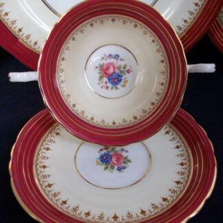 AYNSLEY DORCHESTER MAROON  7499  FLORAL CENTER, TAN FILIGREE  (c.1930+) SOUP BOWL & SAUCER - EXCELLENT!! RARE!! 