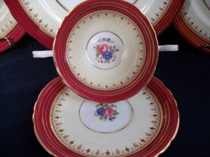 AYNSLEY DORCHESTER MAROON  7499  FLORAL CENTER, TAN FILIGREE  (c.1930+) SOUP BOWL & SAUCER - EXCELLENT!! RARE!! 