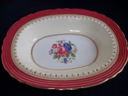 AYNSLEY DORCHESTER MAROON  7499  FLORAL CENTER, TAN FILIGREE  (c.1930+) OVAL SERVING BOWL - EXCELLENT!! RARE!!     