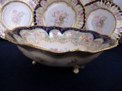 RS PRUSSIA VIERSA- ROSES COBALT BORDER (1880's)- 3 FOOTED SERVING BOWL #1 - EXCELLENT!!