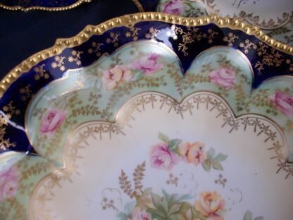 RS PRUSSIA VIERSA- ROSES COBALT BORDER (1880's)- 3 FOOTED SERVING BOWL #2 - EXCELLENT!!
