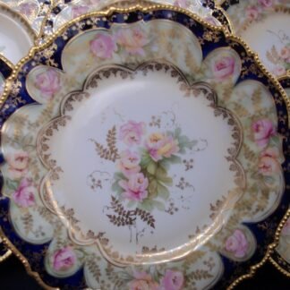 RS PRUSSIA VIERSA- ROSES COBALT BORDER (1880's)-  CABINET LUNCH PLATE 8 7/8"-  EXCELLENT!!