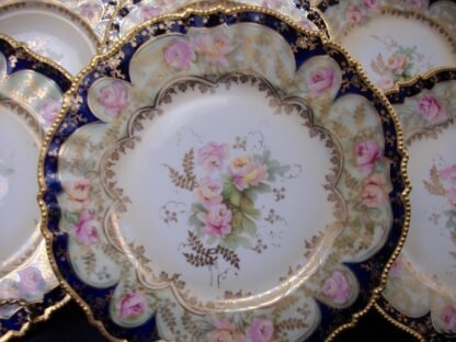 RS PRUSSIA VIERSA- ROSES COBALT BORDER (1880's)-  CABINET LUNCH PLATE 8 7/8"-  EXCELLENT!!