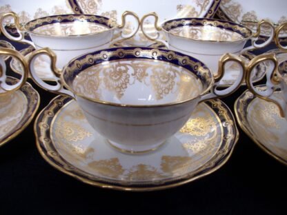 AYNSLEY #13077  COBALT & GOLD BAND - GOLD SCROLLS  (c.1925+) BOUILLON CUP & SAUCER- SCALLOPED - EXCELLENT!! RARE!!          