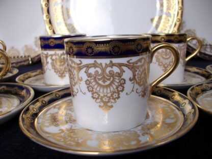 AYNSLEY #13077  COBALT & GOLD BAND - GOLD SCROLLS  (c.1925+) COFFEE CAN & SAUCER- SMOOTH - EXCELLENT!! RARE!! 
