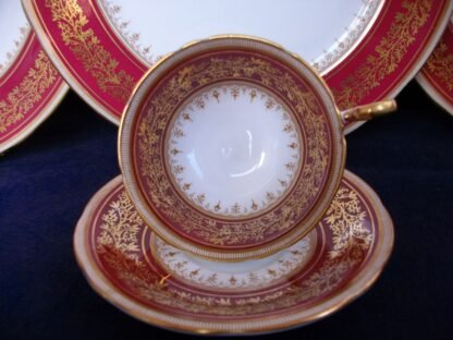 AYNSLEY #7098 MAROON & GOLD SCROLL BAND, TAN FILIGREE  (c.1947) CUP & SAUCER - EXCELLENT!! RARE!! 