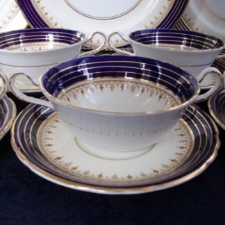 AYNSLEY DORCHESTER COBALT  #7571  NON FLORAL, TAN FILIGREE  (c.1935-36) CREAM SOUP BOWL & SAUCER - EXCELLENT!! RARE!! 