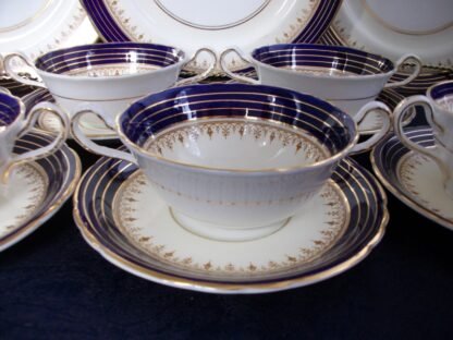 AYNSLEY DORCHESTER COBALT  #7571  NON FLORAL, TAN FILIGREE  (c.1935-36) CREAM SOUP BOWL & SAUCER - EXCELLENT!! RARE!! 