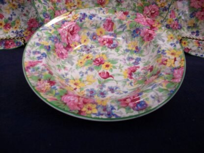 MIDWINTER (W.R.) LTD BRAMA SPRINGTIME CHINTZ GREEN TRIM (c.1932-46+) RIM CEREAL BOWL 6 5/8" SMOOTH EDGE- EXCELLENT!! RARE!!