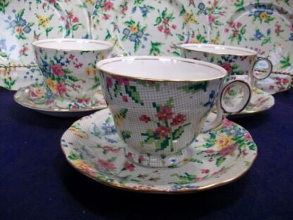 ROYAL WINTON GRIMWADES QUEEN ANNE- CHINTZ NEEDLEPOINT (c.1951+) RALEIGH CUP & ATHENA SAUCER- EXCELLENT !! RARE !!