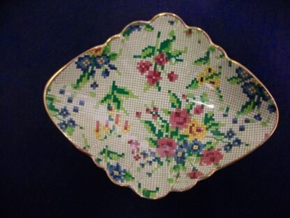 ROYAL WINTON GRIMWADES QUEEN ANNE- CHINTZ NEEDLEPOINT (c.1951+) SWEET BREAD DISH 5 5/8" DIAMOND SHAPE- EXCELLENT !! RARE !!