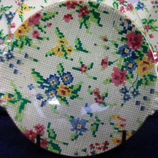 ROYAL WINTON GRIMWADES QUEEN ANNE CHINTZ-  NEEDLEPOINT (c.1951+)  HANDLED  SWEET BREAD DISH 5 3/8"  ROUND  -  EXCELLENT !!  RARE !!